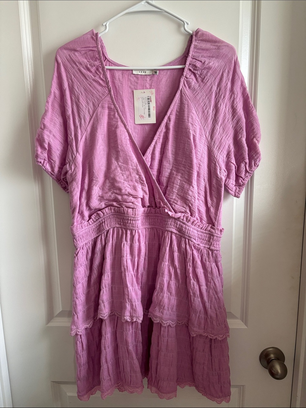 Lush Lavender-Pink Tiered V-Neck Midi Dress